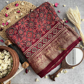 Vriksham Maroon Geometric Print Ajrakh Dola Silk Saree-VS4381